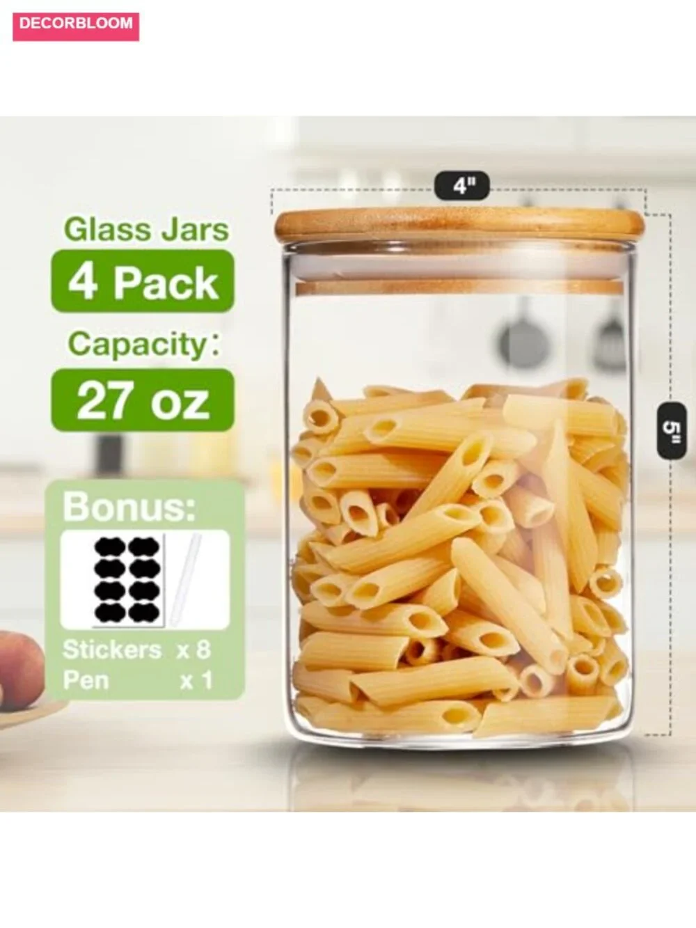 4 Pack Glass Storage Jars with Airtight Bamboo Lids, 27 oz Canisters
